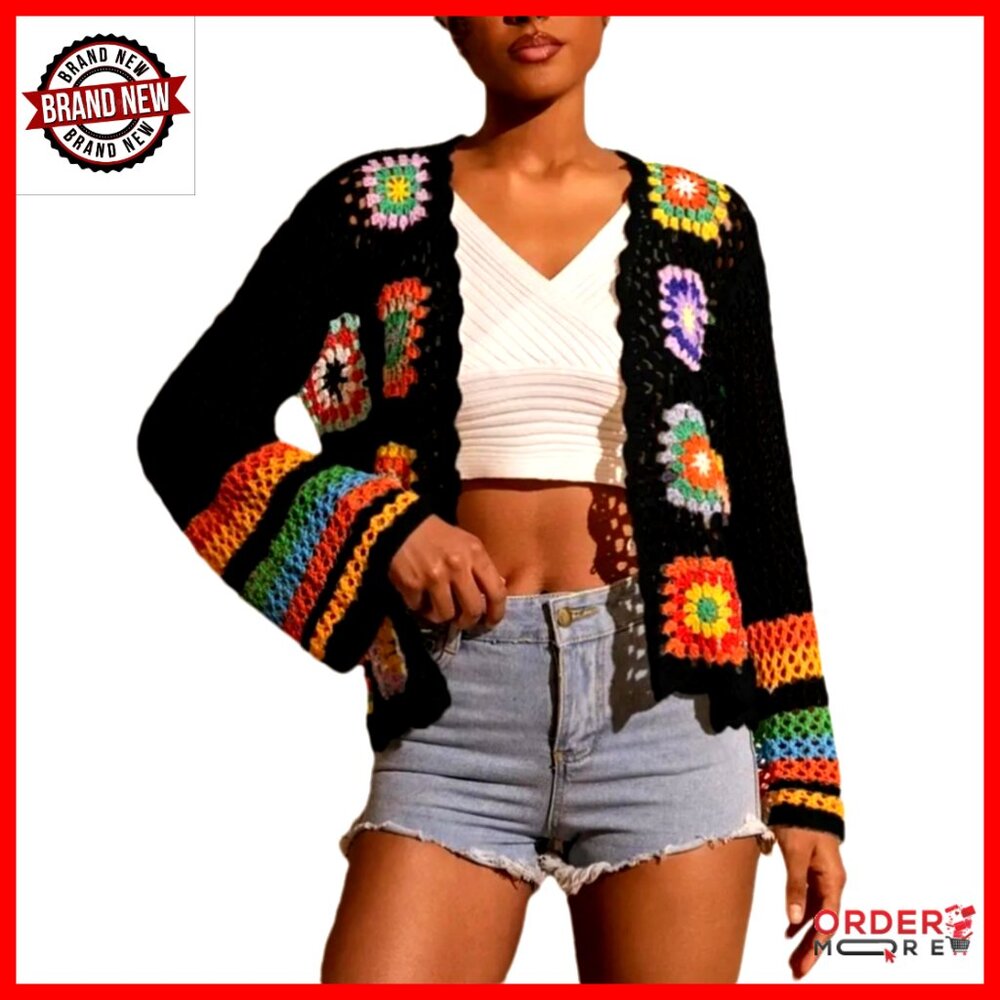 Vintage Crochet Granny Square Cardigan Long Sleeve Open Front Boho Sweater - Picture 1 of 3